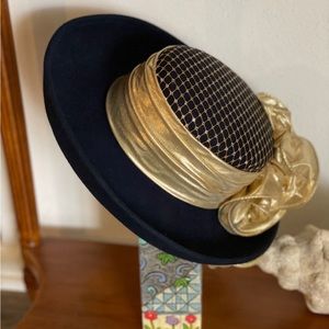 Sonni of San Francisco Black Wool Derby Hat Vintage 1980s Wide Brim Gold Poof